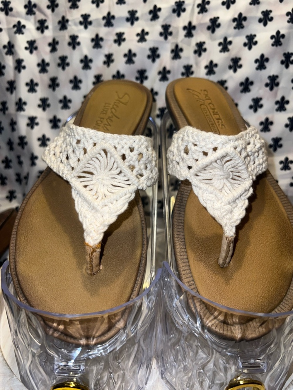 Skechers Women's White Crochet Thong Sandals with Tan Footbed